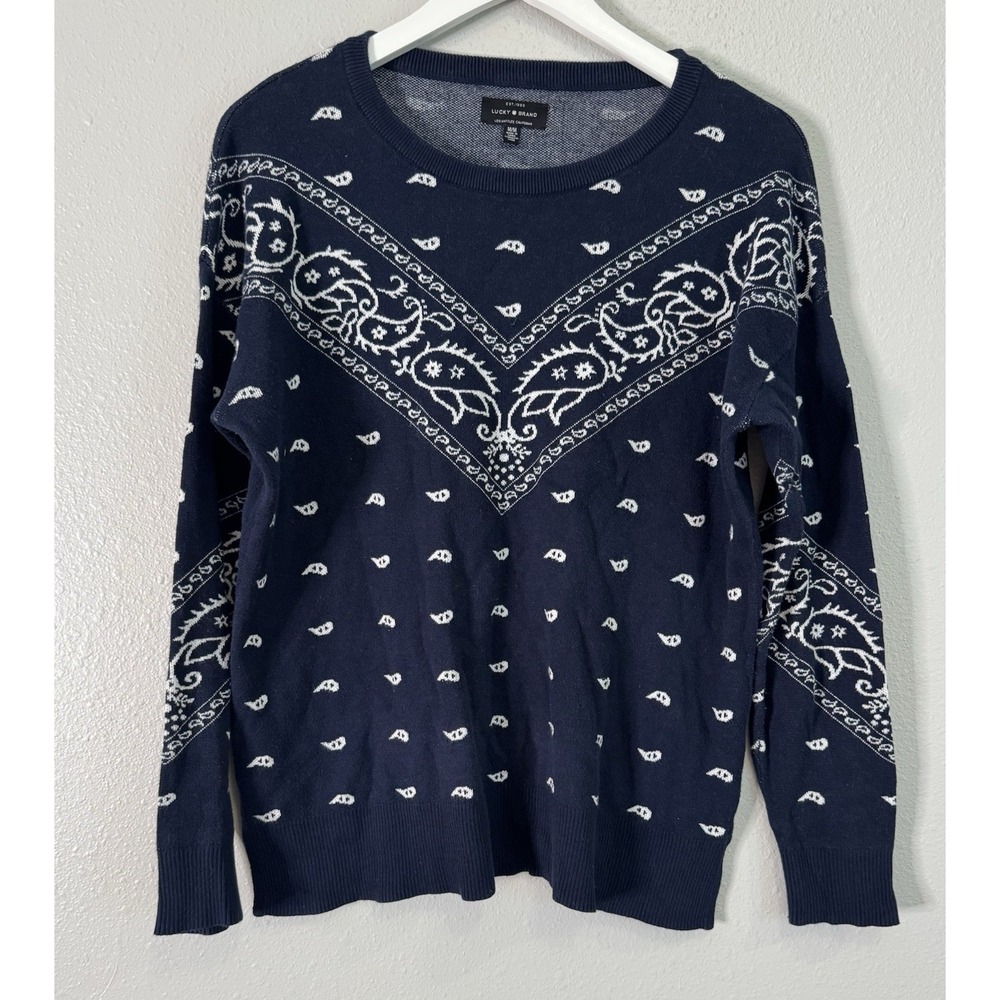 Lucky Brand Bandana Paisley Intarsia Cotton Western Boho Sweater Navy M